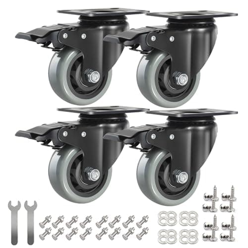 Image of IQWTU Heavy Duty Castor with Brakes, 75MM Furniture Castors, Double Bearing PU Trolley Wheels, Rubber Swivel Castor with Bolts and Nuts, Set of 4 Industrial Plate Casters up to 500KG