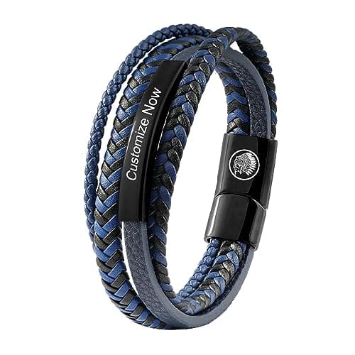Image of Casisto.J Mens Leather Bracelet, Classic Handmade Braided Black, Brown and Blue Cuff Bracelet with Magnetic Clasp and Simple packaging (Customized-Blue, 21)
