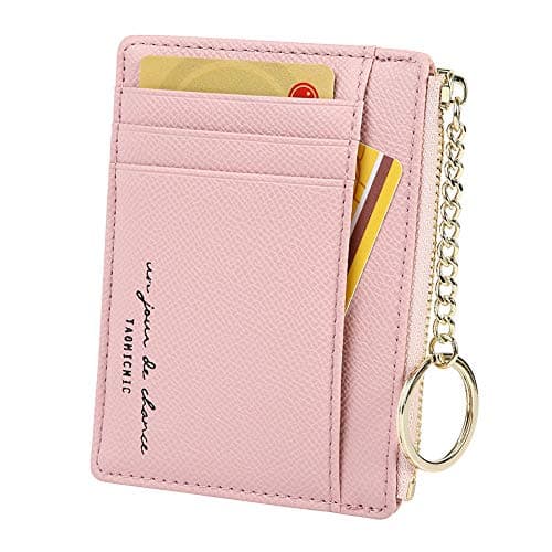 Image of Cynure Women's 8 Cards Slim Minimalist Card Holder Coin Changes Purse Keychain Front Pocket Wallet, Pink