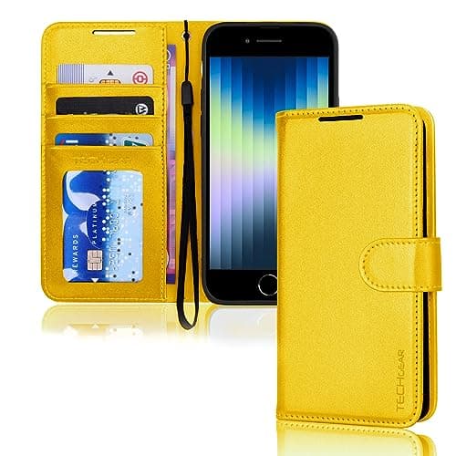 Image of TECHGEAR iPhone SE 2022 5G / 2020, iPhone 8/7/6 Leather Wallet Case, Flip Case Cover, Card Holder, Stand, Wrist Strap, Yellow PU Leather, Magnetic Closure for iPhone SE 3 / SE 2 / iPhone 8 7 6 6s 4.7"