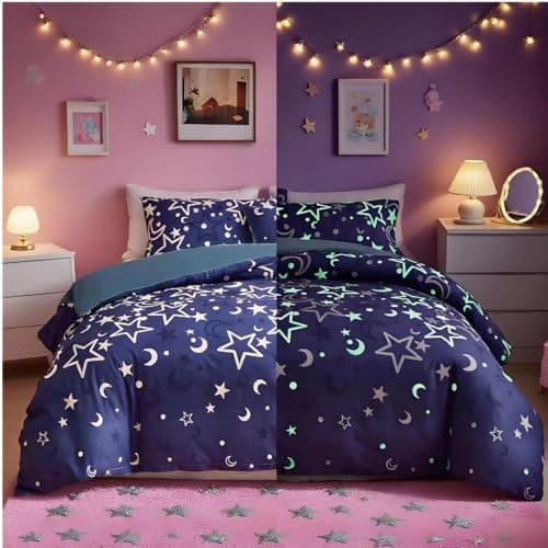 Image of Loussiesd Galaxy Glow in The Dark Duvet Cover for Girls Kids Single Blue Universe Starry Night Bedding Set Super Soft Outer Space Stars Moon Comforter Cover Set Glow 1