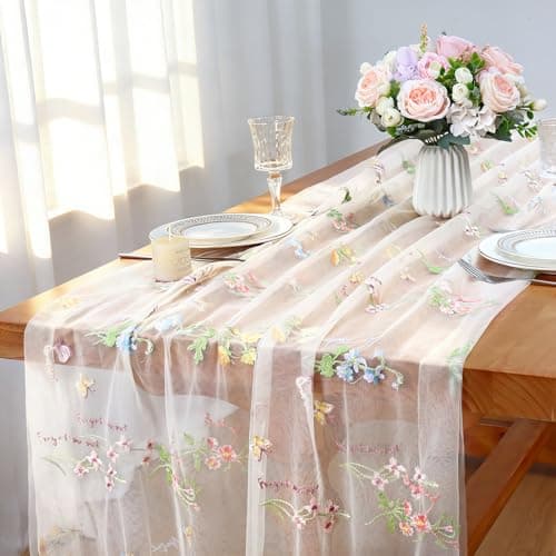 Image of LOMOHOO Table Runner White 71x305cm Wedding Table Decoration with Embroidery and Tulle, Cheesecloth Table Runners Lace Tablecloth Sheer Embroidery Gauze for Bridal Shower Birthday Party Dining Table