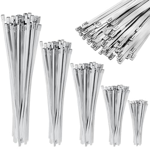 Image of Celepoir 180Pcs Metal Cable Ties, 304 Stainless Steel Cable Ties 100/150/200/250/300mm, Self-Locking 4.6mm Rustproof, 125 KG Tensile Strength, UV Resistant, for Gardening Workshops