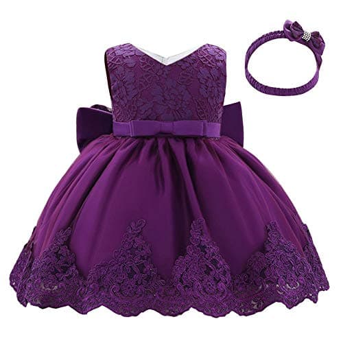 Image of Lito Angels Baby Girls Flower Girl Bridesmaid Lace Dress with Headband Wedding Party Elegant Ball Gown Age 3-6 Months Dark Purple 426 (Tag Number 60)