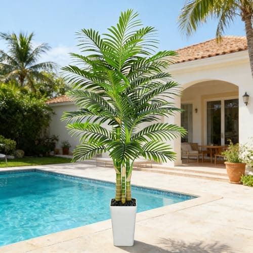 Image of TXABL Golden Cane Artificial Palm Tree Indoor 7FT Outdoor Artificial Plants Tree with White Planter, Tall Fake Tropical Paradise Palm Trees for Living Room Patio Poolside Office Home Decor
