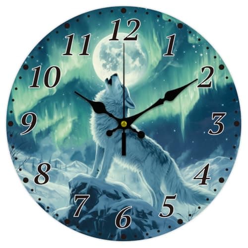 Image of CHGCRAFT 12inch Howling Wolves Northern Lights en Wall Clock Battery Operated Silent Non Ticking Round Decorative Clock for Office Home Living Room Bedroom Bathroom Kitchen Decor, Wolf