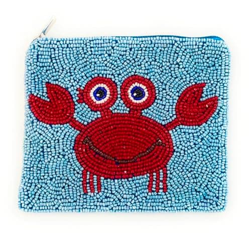 Image of TWINE AND LOVE Crab Beaded Pouch Purse, Blue Beaded Coin Purse, Small Wallets for Her, Women's Beach Lover Coin Purse, Ivory