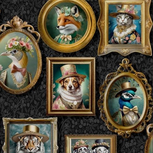 Image of SOPHIE LAURENCE Charcoal Animal Wallpaper – Victorian Dogs in Frames with Floral Leaf Details, Cats and Birds | Decorative Feature Wall