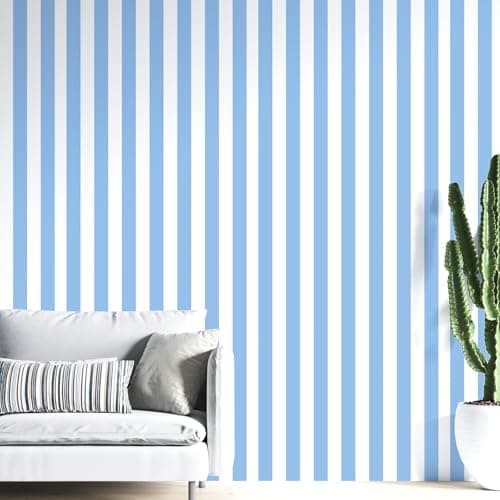 Image of Uooar Blue and White Striped Wallpaper 44cmx305cm Modern Removable Self Adhesive Peel and Stick Wallpaper Vinyl Furniture Wrap for Living Room, Bedroom, Cabinets