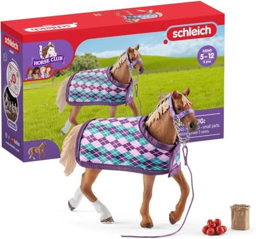 Image of Schleich HORSE CLUB - 5PC English Thoroughbred Horse Toy Set with Accessories - Collectable, Realistic Toy Horse Figurine for Girls and Boys - Durable Farm Kids Toys Ages 5+ 42360