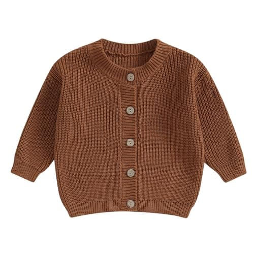 Image of Geagodelia Toddler Baby Girl Boy Warm Sweater Cardigan Long Sleeve Solid Color Button Down Knitted Pullovers Tops Shirt Knit Jumpers Sweatshirt Winter Warm Chunky Knitwear (Brown, 0-3 Months)