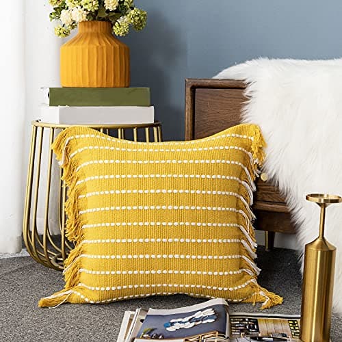 Image of LIGICKY Decorative Boho Tassel Throw Pillow Covers Square Woven Cotton Cushion Cover Striped Pillowcases for Couch Sofa Bedroom Living Room, Yellow and White 18 x 18 Inch