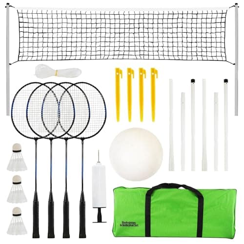 Image of The Magic Toy Shop 2-in-1 Portable Badminton and Volleyball Set for 4 Players with Adjustable Net – Rackets, Shuttlecocks, Volleyball, Carry Bag – Outdoor Sports for Garden, Beach
