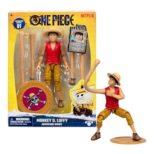 Image of One Piece Monkey D. Luffy 6″ (15 cm) Action Figure with 6 Accessories. Includes Swappable Arms and Legs, Wanted Poster, and Berry Coin Display Base