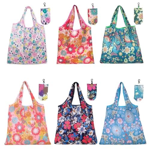 Image of 6 Pack Foldable Reusable Shopping Bags,Tote Bags, Grocery Bags with Hook, Eco-friendly Travel Recycle Shopping Bags in Pocket, Waterproof and Machine Washable for Daily Shopping Supplies load