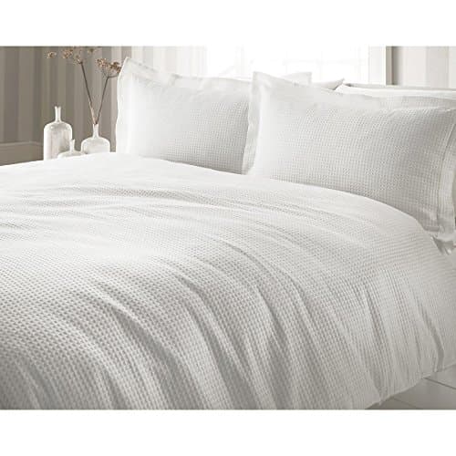 Image of Riva Paoletti Waffle Plain White Super King Size Duvet Cover Set - Waffle Weave Texture - 2 X Oxford Border Pillowcases Included - 100% Cotton - Machine Washable - 260 X 220Cm (102" X 87" Inches)