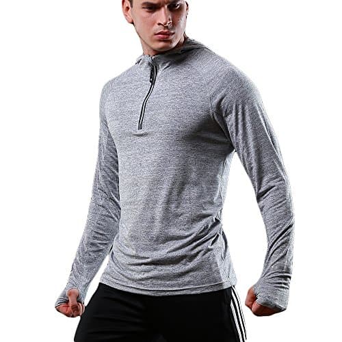 Image of FELiCON Men's Gym Hoodie Workout Sweatshirt Quick Dry Tech Warm-up Top Long Sleeve Running Hooded with 1/4 Zip Light and Breathable Sweatshirt Jogging Top Tee Jacket Base Layer Sportswear-Light Grey,S