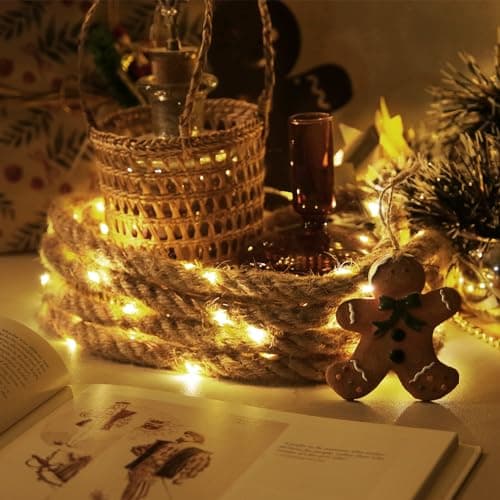 Image of Ciskotu LED Fairy Lights Rope, 60 LEDs Fairy Lights Summer Decoration Sea Christmas Lighting for Decoration Outdoor Garden Patio Balcony 3 m (Beige Cotton Rope)