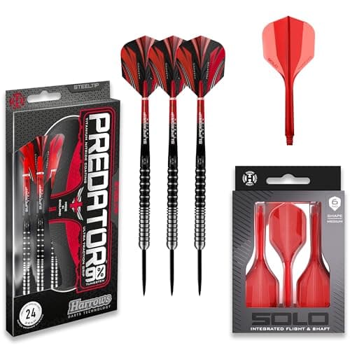 Image of Harrows Predator 90% Tungsten 24g Steel Tip Darts Set + Medium Red Solo Integrated Flight & Shaft System – Ultra Traction Grip, Fixed 90° Flights, Supergrip Shafts, Aero Core Stability