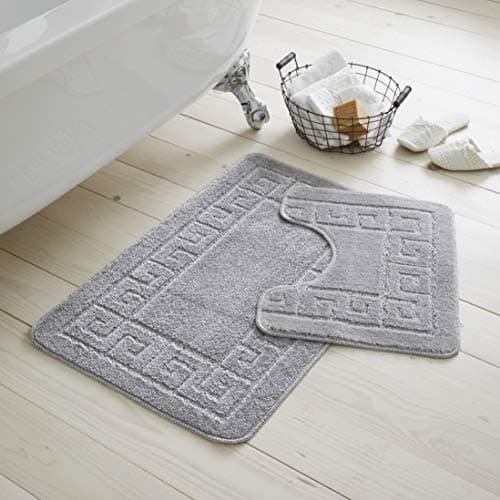 Image of GC GAVENO CAVAILIA Greek Key Pattern Bath Mats 2 Piece Sets Non Slip, Soft Washable Rug Quick Dry Water Absorbent Bathroom Shower Mat & Pedestal Set, Silver