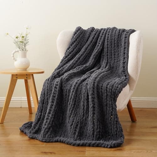 Image of Battilo Chunky Knit Blanket Throw, Soft Thick Chenille Throw Blanket, 125x150cm Handmade Cable Knit Crochet Blanket, Large Rope Knot Dark Grey Throw Blankets for Couch Sofa Bed Home Decor