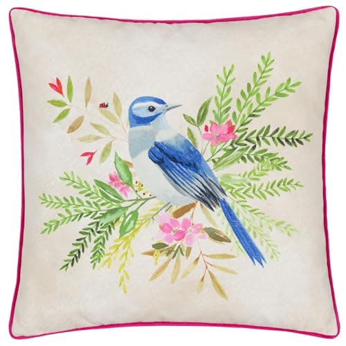 Image of Evans Lichfield Daisy Hill Bluebird Printed Polyester Filled Cushion - Multicolour/Pink - 45x45cm