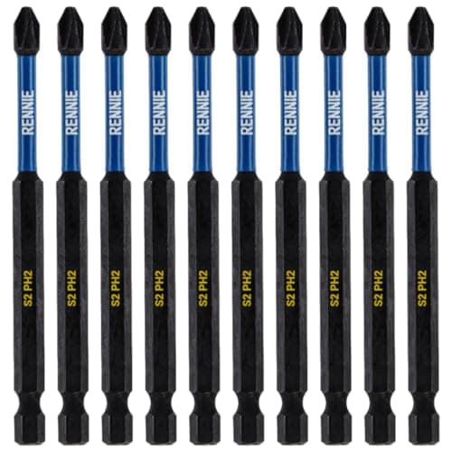 Image of 10 x Rennie Tools 100mm Long PH2 Impact Screwdriver Driver Bits Set. Magnetic Phillips No.2 Heavy Duty Impact Driver Bit Set. Extra Long PH2 Bits. Hex Shank. Cross Head. Black Oxide Coating