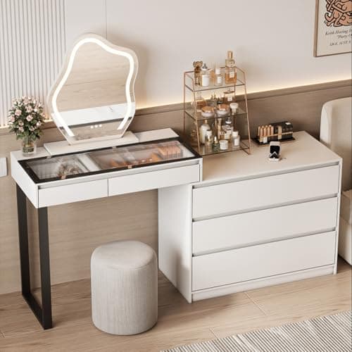 Image of BROTTAR Vanity Dressing Tables with LED Mirror, Vanity Table Makeup Desk with Glass Top, Storage Cabinet, 5-Drawers Makeup Organiser, Modern L-Shaped Dresser for Bedroom