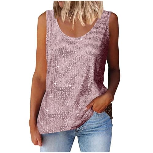Image of Women's Sequin Tops Elegant Sleeveless Glitter Camisole Vest Ladies V Neck Tank Top Wide Strap Camitops Sexy Sparkly Shimmer Top Summer Tees Daily Club Wedding Party Tops for Night Out Pink