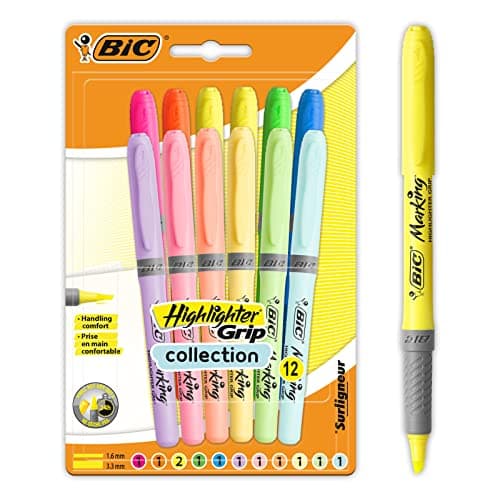 Image of BIC Highlighter Grip, Ribbed Rubber Grip for Extra Comfort, Water-Based Ink, Assorted Intense and Pastel Colours, Pack of 12