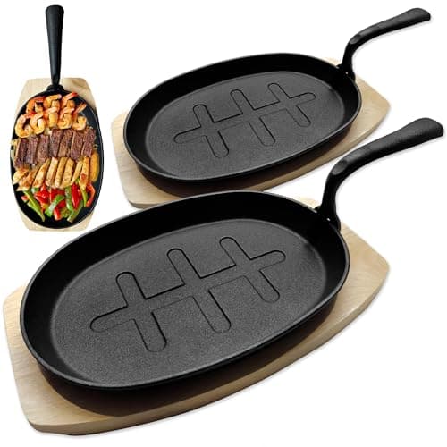 Image of andrew james 2 Pack Pre-Seasoned Cast Iron Skillet Pan Sizzle Plate with Wooden Base, Griddle Frying Pan Ideal for Cooking, Searing, Sautéing, and Serving – Skillet for Stovetop, Oven & Grill Use