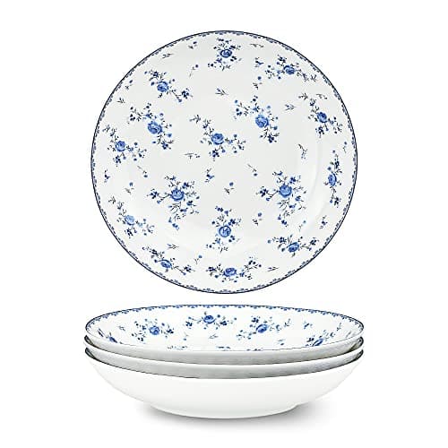 Image of fanquare 20cm Porcelain Salad Plates Set of 4, Spring Floral Patterned Side Plates, Blue and White Dinner Service