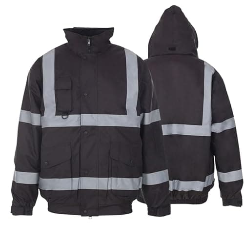 Image of Hi Vis Jacket Men Work Bomber Coat – Waterproof Padded Safety Security Workwear Viz Visibility Coat with Zip – Contractor Reflective Winter Jacket Black L