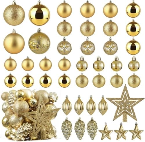 Image of Christmas Ball Baubles Decoration Tree Ornaments including Balls Stars and a Tree topper Shatterproof Xmas Hanging 43 Pieces Set Home Office Outdoor indoor (Gold, 43pc)