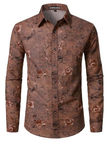 Image of PARKLEES Men's Cotton Linen 70s Disco Retro Traditional Pattern Printed Long Sleeve Button Down Shirt Brown Medium