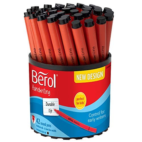 Image of Berol Handwriting Pens, Round Shape, Washable Black Ink, Bright Barrels, Tub of 42