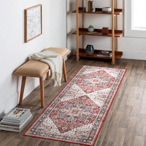 Image of Carvapet Washable Hallway Runner Rug 60x180cm Long Thin Rug Runner Red Area Rug Vintage Medallion Floor Carpet Rugs for Living Room Corridor Kitchen