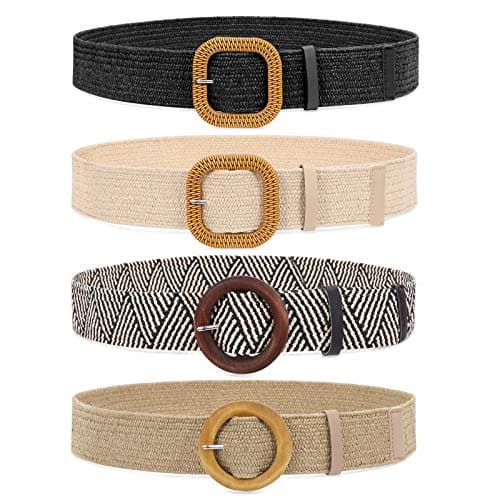Image of JASGOOD 4 Pack Straw Woven Elastic Stretch Waist Belts for Women Dresses, Fashion Boho Ladies Braided Skinny Belt, Black & Sand & Stripe & Khaki(Round Buckle),L
