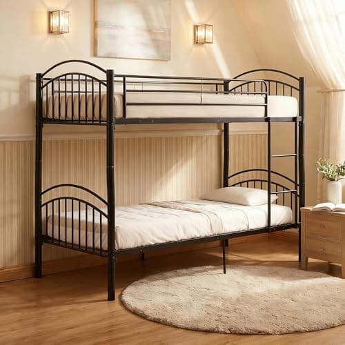 Image of Panana 3FT Single Metal Bunk Bed Frame with Safety Guardrail 2-Storey Bed Bedroom Dorm Apartment Furniture for Adults Teenagers Children (Black)