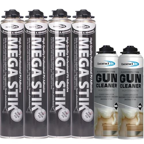 Image of Bond It Mega Stik PU Foam Adhesive 4 Pack (750ml Each) with 2 Gun Cleaners (500ml Each) – Fast Curing Construction Adhesive for Plasterboard, Floorboards, Insulation Boards & Roof Decking