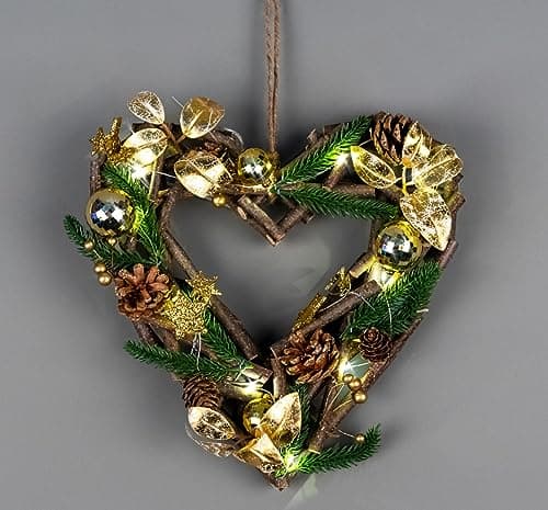 Image of 30cm Prelit Heart Wreath Battery Operated - Wooden Twigs Base Decorated with Golden Baubles,Berries,Leaves,Stars,Foliage,Pine Cones, Micro Rice LED Lights - Christmas Home Hanging Decoration