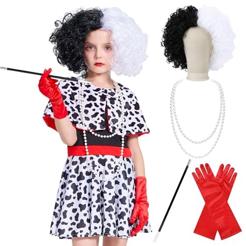 Image of IKALI Girls Evil Dog Costume, 6 Pcs Black and White Villain Dalmatian Spotted Fancy Dress Up Outfit for Kids Halloween 10-12Y