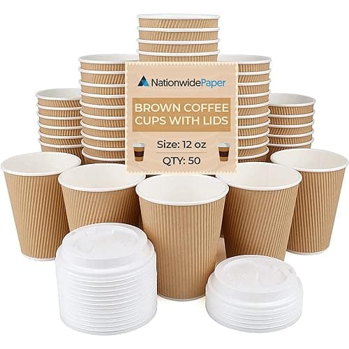 Image of Nationwide Paper Coffee Cups with Lids 12oz Disposable Takeaway Coffee Cup Triple Walled Ripple Brown - 50 Pcs