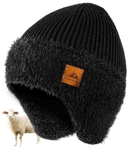 Image of FORVEVO Mens Beanie Hat with Earflaps, Winter Hats with Thick Warm Fleece Lining, Thermal Knit Wooly Beanie Hats for Winter Daily Life Outdoor Running Skiing, Black