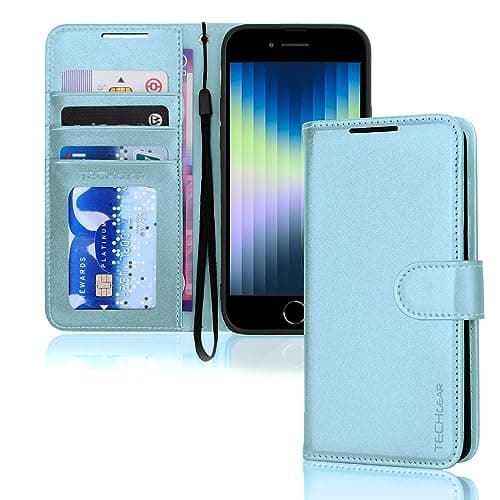 Image of TECHGEAR iPhone SE 2022 5G /2020, iPhone 8/7/6 Leather Wallet Case, Flip Case Cover, Card Holder, Stand, Wrist Strap,Soft Blue PU Leather, Magnetic Closure for iPhone SE 3 / SE 2 /iPhone 8 7 6 6s 4.7"