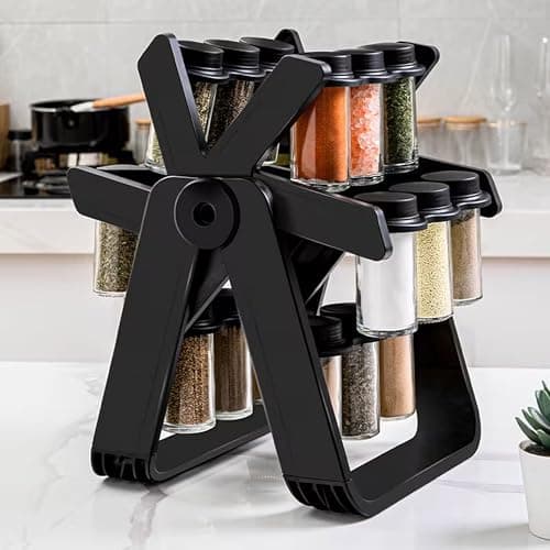 Image of Rotating Ferris Wheel Spice Rack with 12 Refillable Glass Jars, Black Kitchen Countertop Seasoning Organiser, Space-Saving 360° Carousel Storage Stand, 34 x 26 x 23 cm
