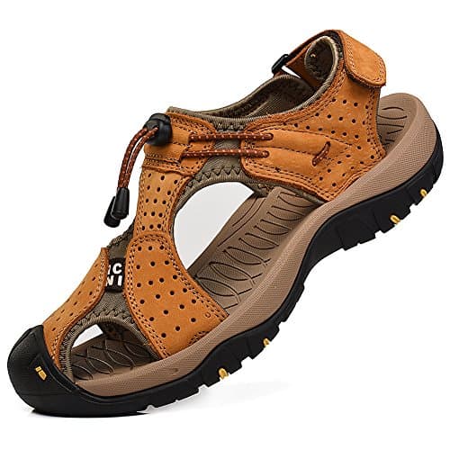 Image of rismart Men's Closed-Toe Hook&Loop Outdoor Hiking Leather Shoes Sandals SN1505(Tan,10 UK)