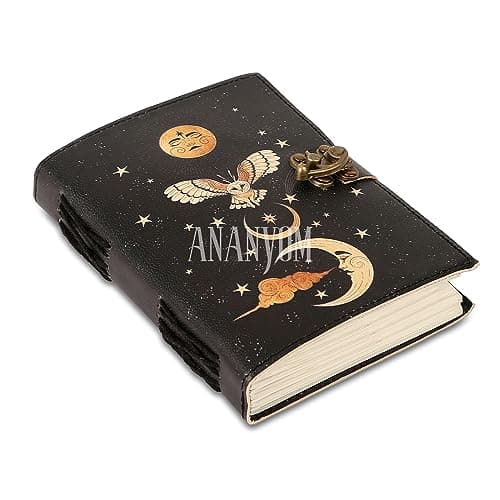 Image of ANANYOM Handmade Black Leather Journal – Sun & Moon Embossed Notebook Diary, 8x6” Vintage Sketchbook with Brass Clasp – 200 Unruled Pages – Artist & Writer Gift, Handmade Leather Notebook