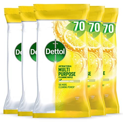 Image of Dettol Antibacterial Multipurpose Cleaning Wipes, Citrus Zest, 350 Wipes (70 x 5pck) Disinfectant, Biodegradable, 10X Cleaning power vs Water alone, Kills 99.9 Percent of Germs