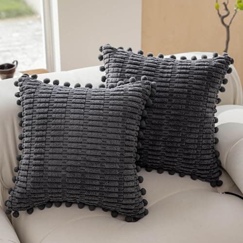 Image of Home Brilliant Grey Cushion Covers 45cmx45cm with Pom Poms, Super Soft Decorative Corduroy Cushions Cover for Sofa Bed, Dark Grey, 45cm x 45cm